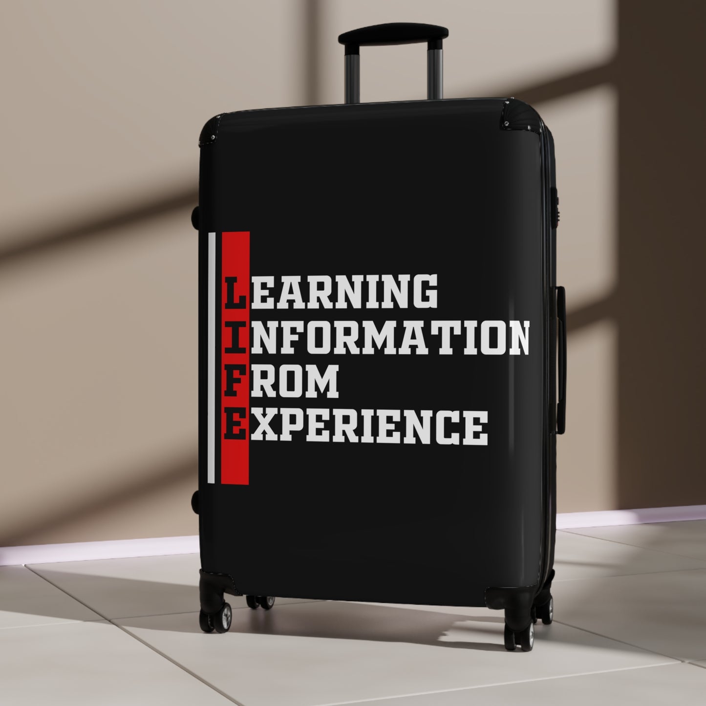 L.I.F.E (Learning Information From Experience) Travel Suitcase with Inspirational Quote | Luggage for Adventurers | Great Gift for Travelers, Students, Graduates