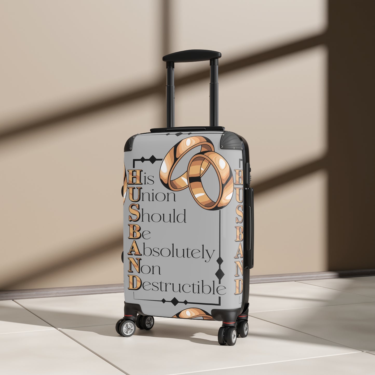 H.U.S.B.A.N.D. Travel Suitcase with Inspirational Quote: Perfect Wedding Gift, Honeymoon Accessory, Luggage for Couples, Engagement Travel Case