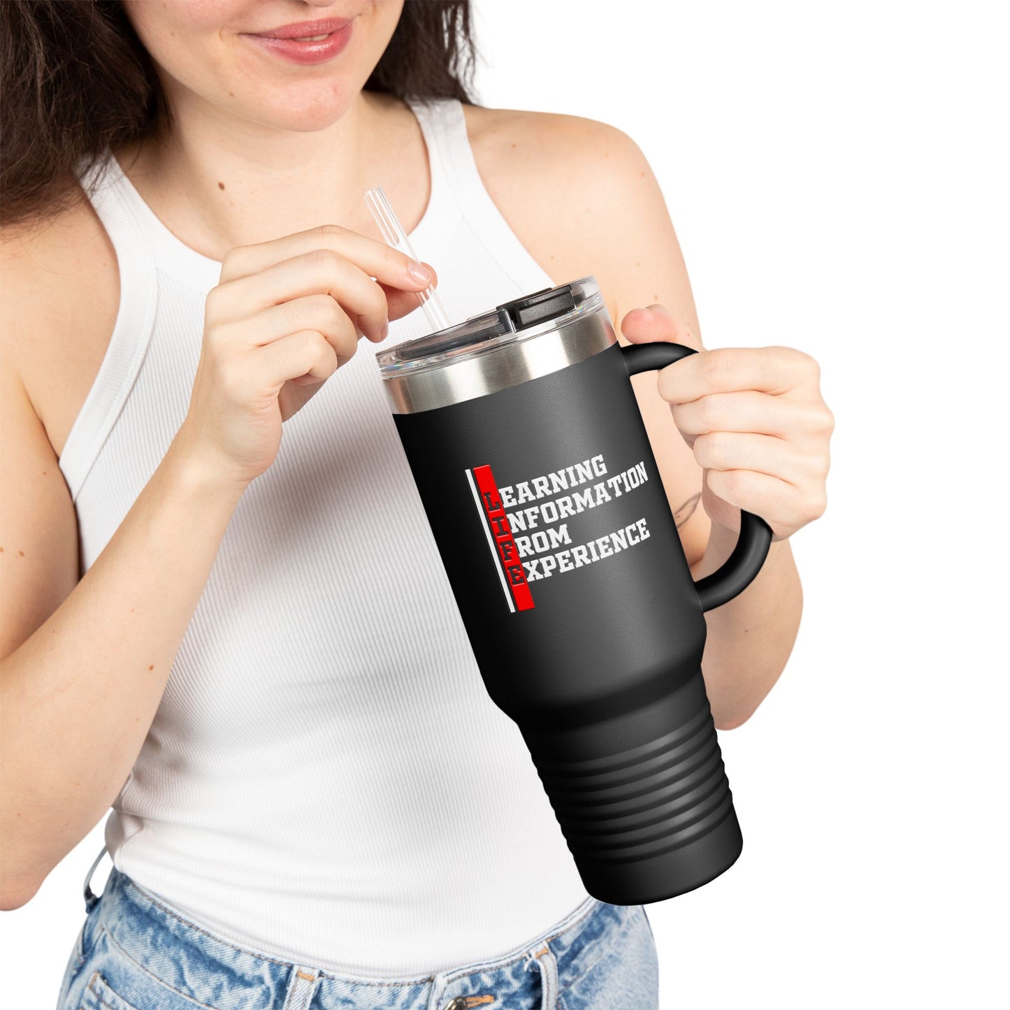 L.I.F.E. (Learning Information From Experience) Insulated Travel Mug - 40oz, Perfect for Coffee Lovers, Motivational Gift, Travel Companion, Outdoor Adventure, Office Use