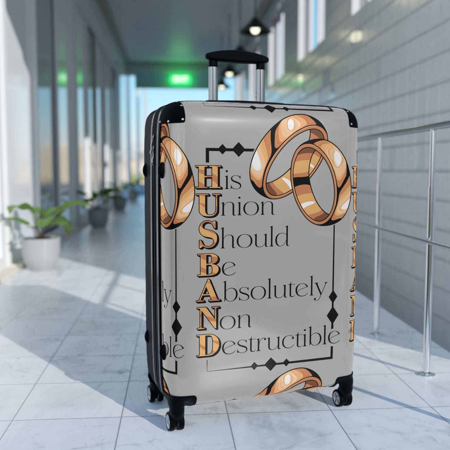 H.U.S.B.A.N.D. Travel Suitcase with Inspirational Quote: Perfect Wedding Gift, Honeymoon Accessory, Luggage for Couples, Engagement Travel Case