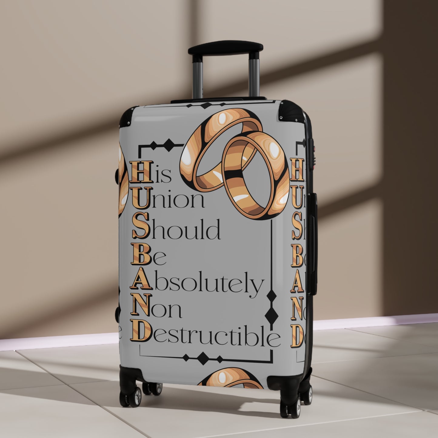 H.U.S.B.A.N.D. Travel Suitcase with Inspirational Quote: Perfect Wedding Gift, Honeymoon Accessory, Luggage for Couples, Engagement Travel Case