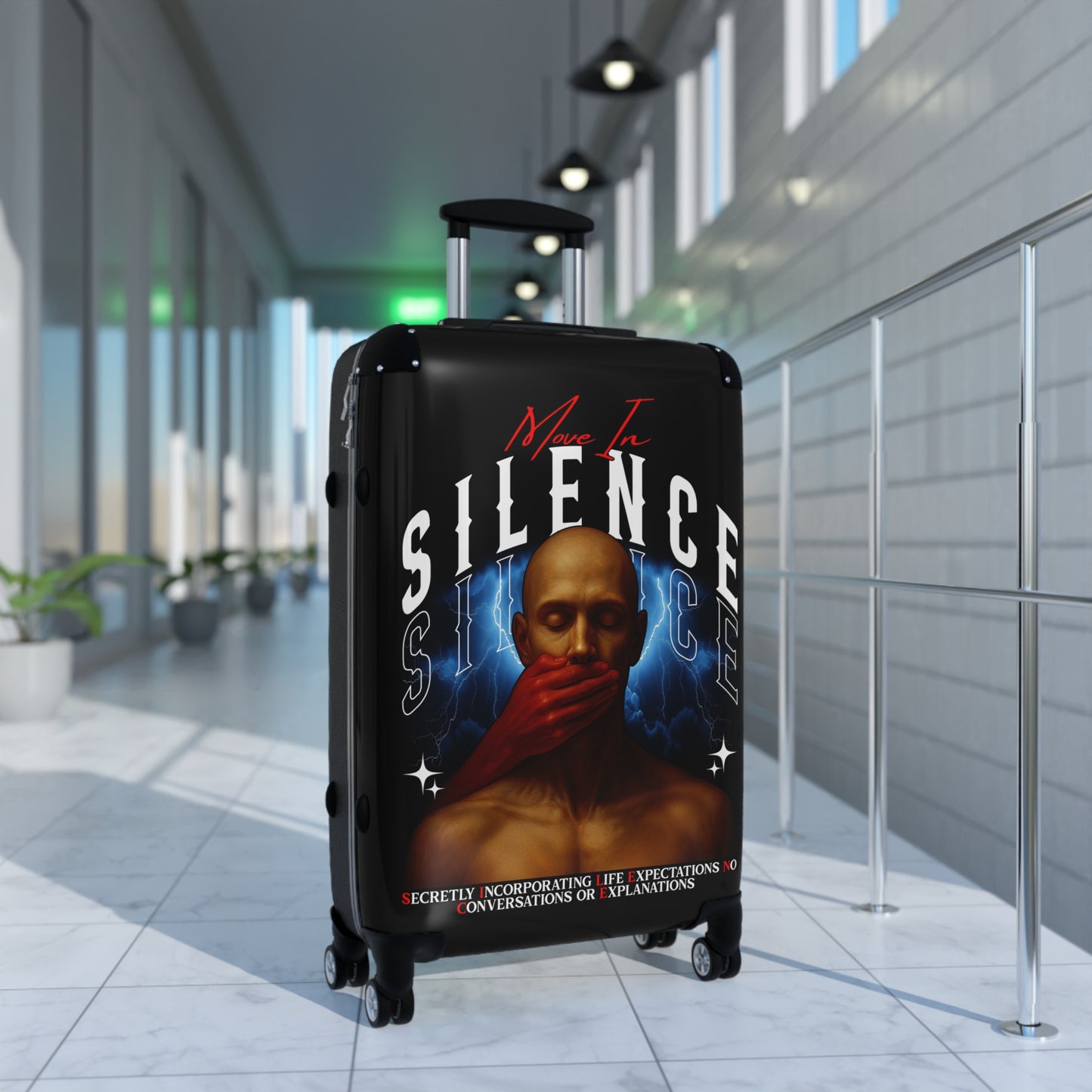 Move In S.I.L.E.N.C.E. Travel Suitcase with Artistic Design, Unique Luggage for Stylish Travelers