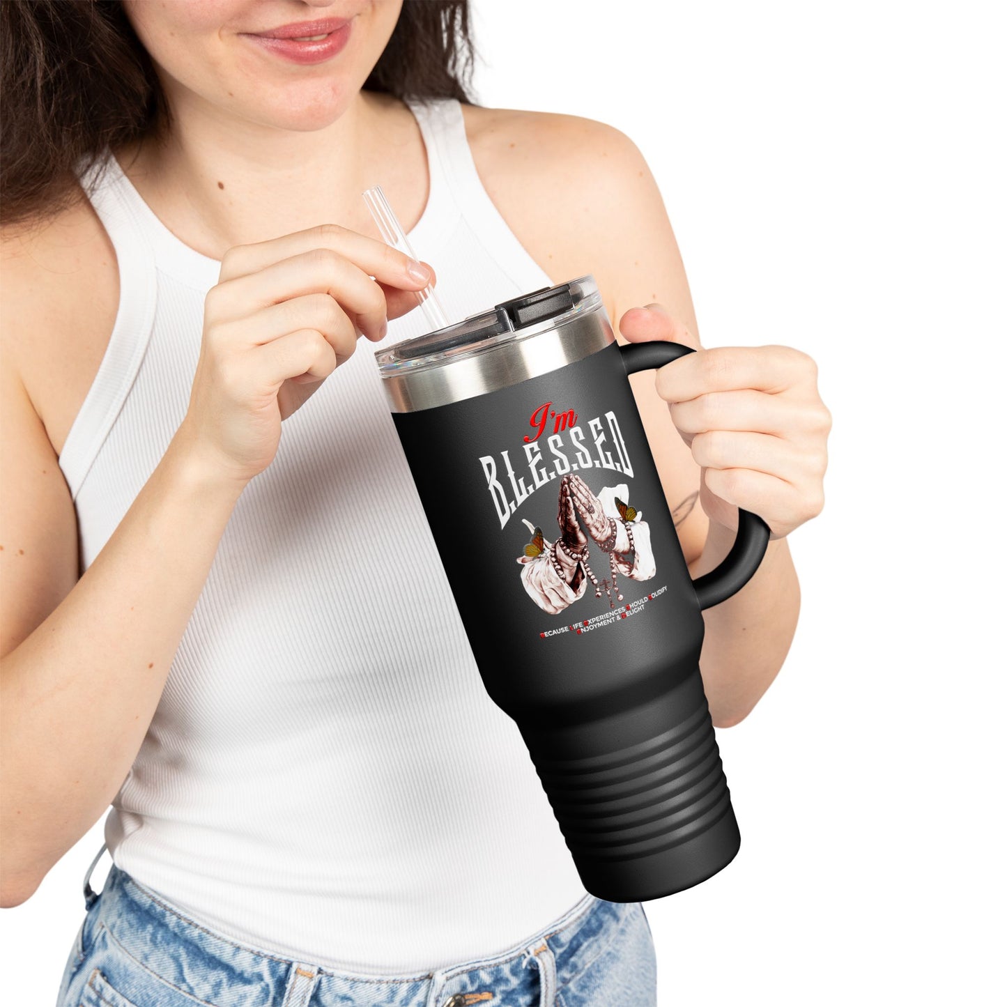 B.L.E.S.S.E.D. (Because Life Experiences Should Solidify Enjoyment & Delight) Insulated Travel Mug, 40oz | Perfect for Coffee Lovers, Gift for Travelers, Inspirational Drinkware, Motivational Mug, Holiday [...]