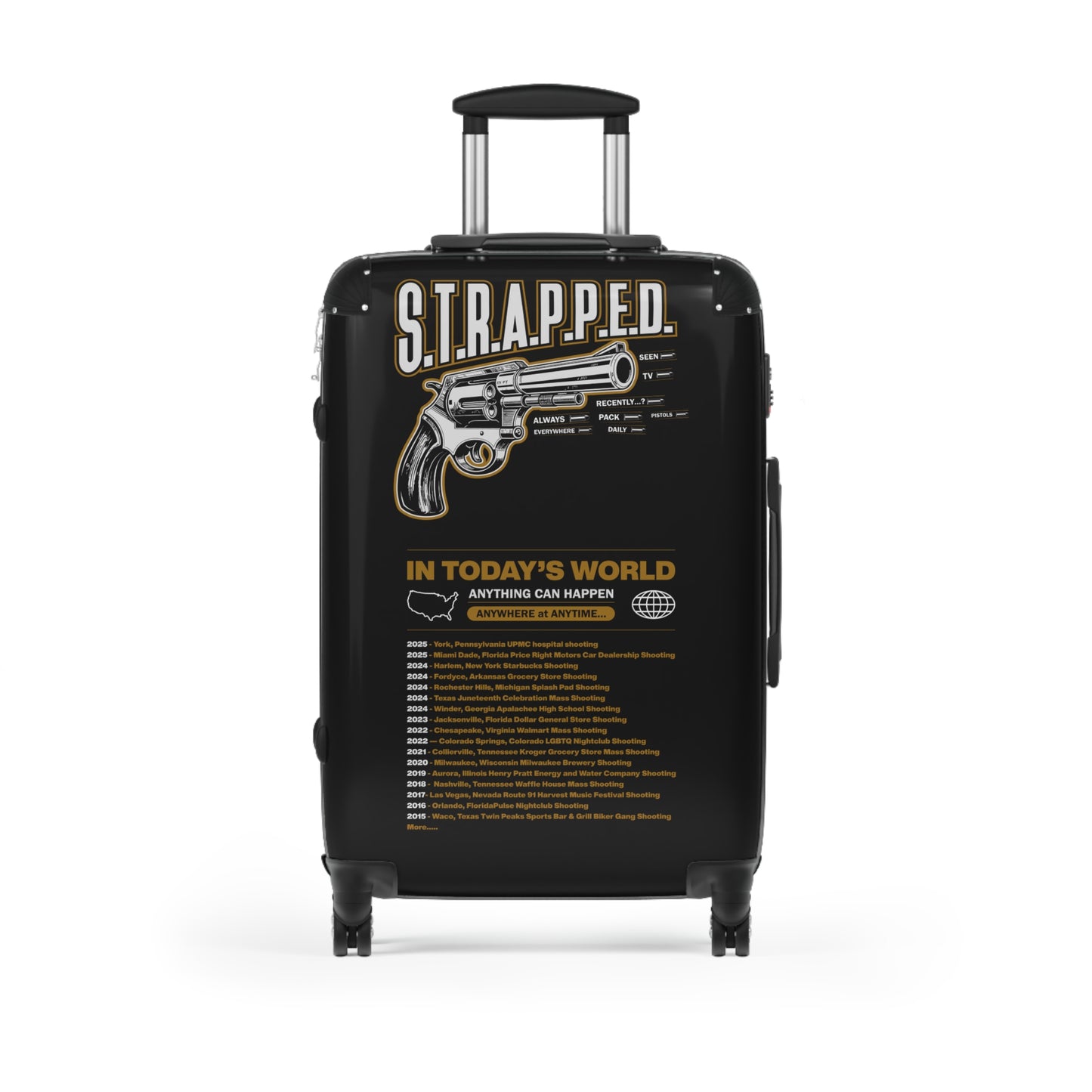 S.T.R.A.P.P.E.D. Carry-On Luggage, Travel Bag, Adventure Suitcase, Unique Vacation Gear, Gun Design Suitcase