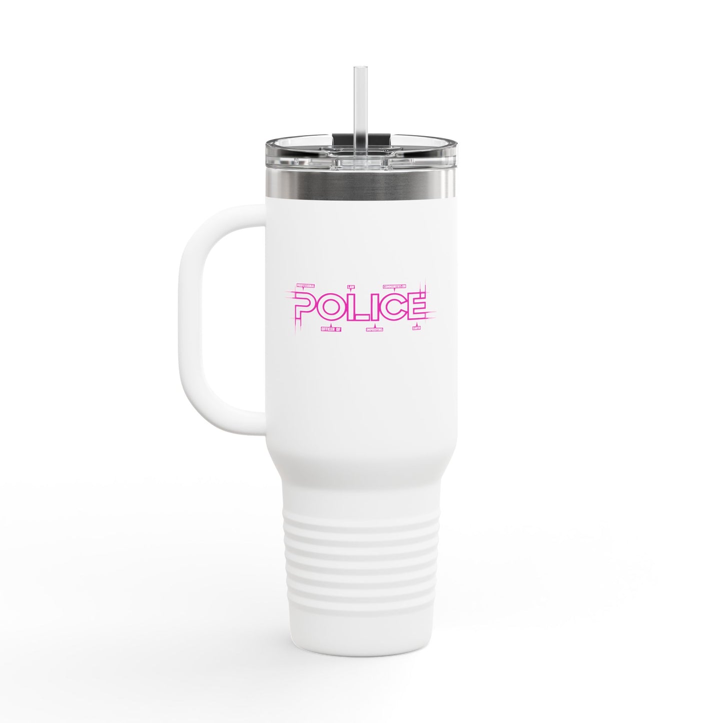 P.O.L.I.C.E. (Professional Officer of Law Improving Communities on Earth) Stylish Insulated Travel Mug, 40oz – Perfect for On-the-Go Hydration, Law Enforcement, Commuters, Coffee Lovers, Summer Travels, Gift for Him/Her